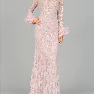 Lara NewYork LONG SLEEVE SHEATH GOWN WITH FEATHERS, Plus size evening gowns.